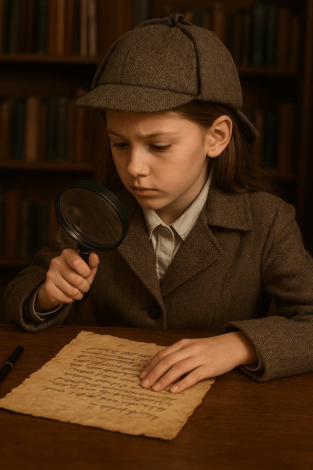 Een kind gekleed als detective onderzoekt een document.
